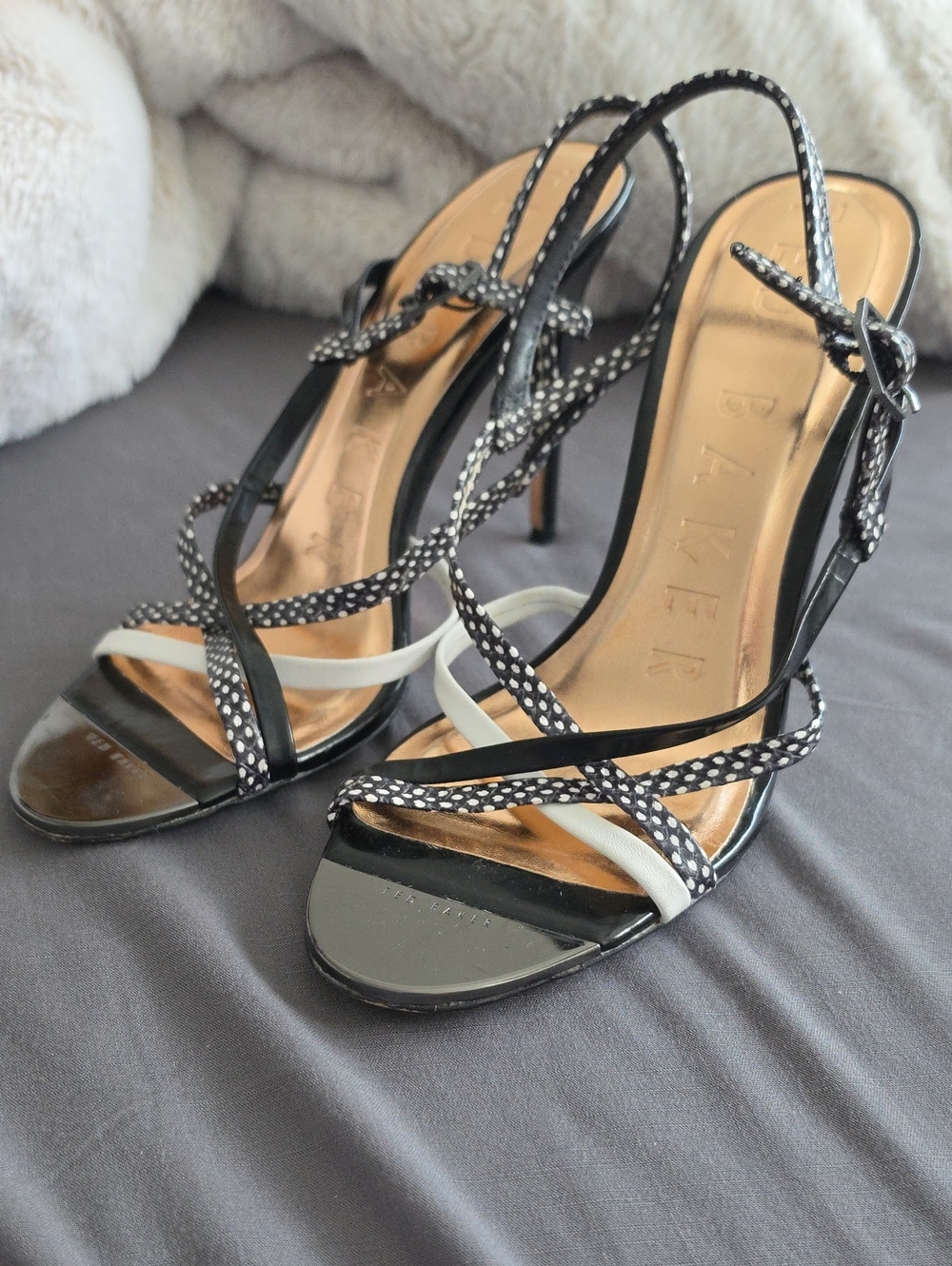 Ted Baker Black and White Polka-Trim Strappy High Heels